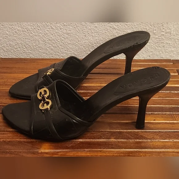 Escada Black Leather Heels with Gold Accent - Picture 4 of 12